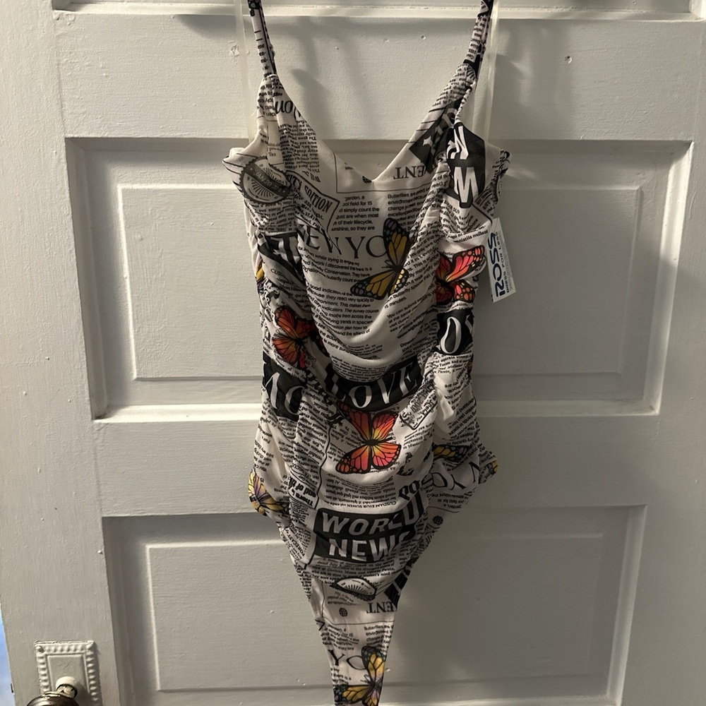 Derek Heart White Newspaper Print Butterfly Scoop Neck Bodysuit